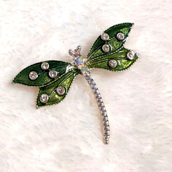 Vintage 90's Enameled Dragonfly Brooche w/ Rhinestone Accents - Picture 5 of 7